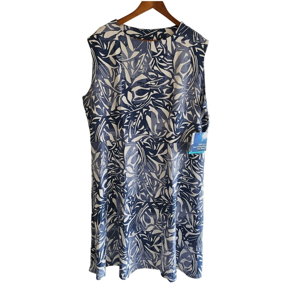 Coolibar Womens 3X Tierra Tank Dress Blue White Leaf Print UPF 50 Sun Protection